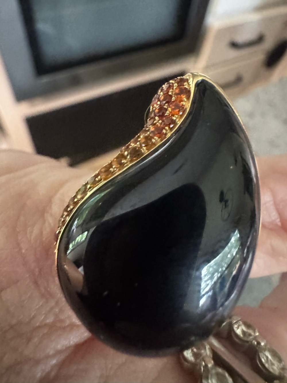 14K Gold Teardrop Black Onyx & Tourmaline Ring